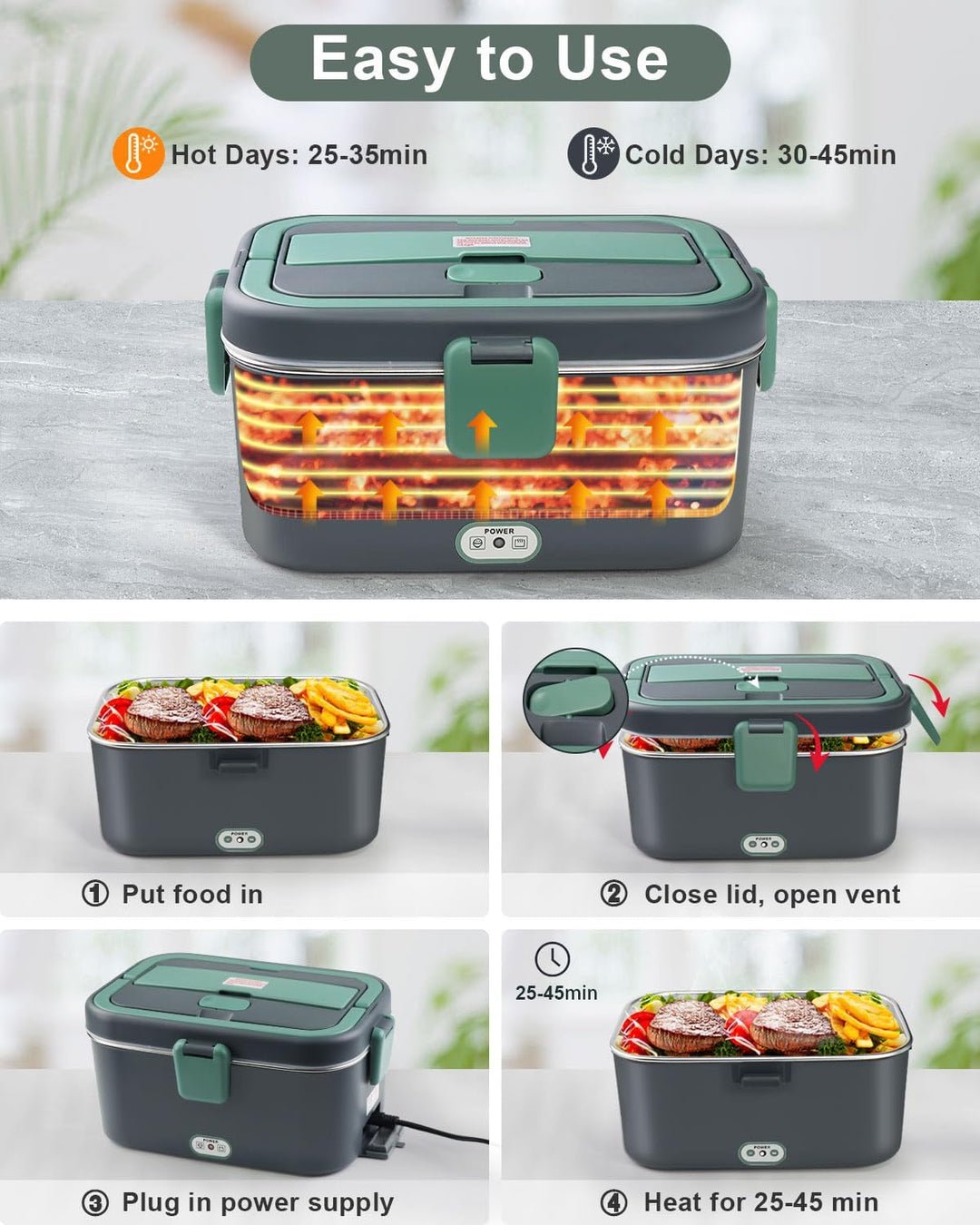 AUTOPkio Elektrische Lunchbox 1,8L 80W, 12V/24V/220V Grosser Beheizbare Speisenwärmer mit Tasche Ede