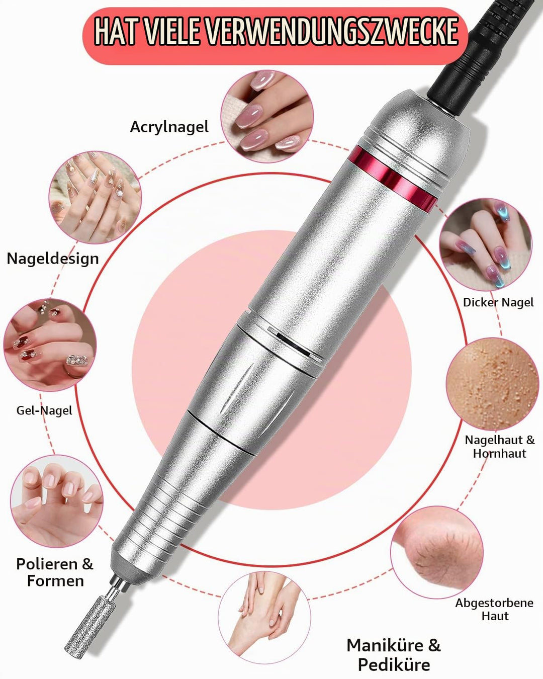 Nagelfräser, 45,000 rpm Fräser Für Gelnägel, Nagelfeile Elektrisch, 6 en 1 Elektrische Nagelfeile, N