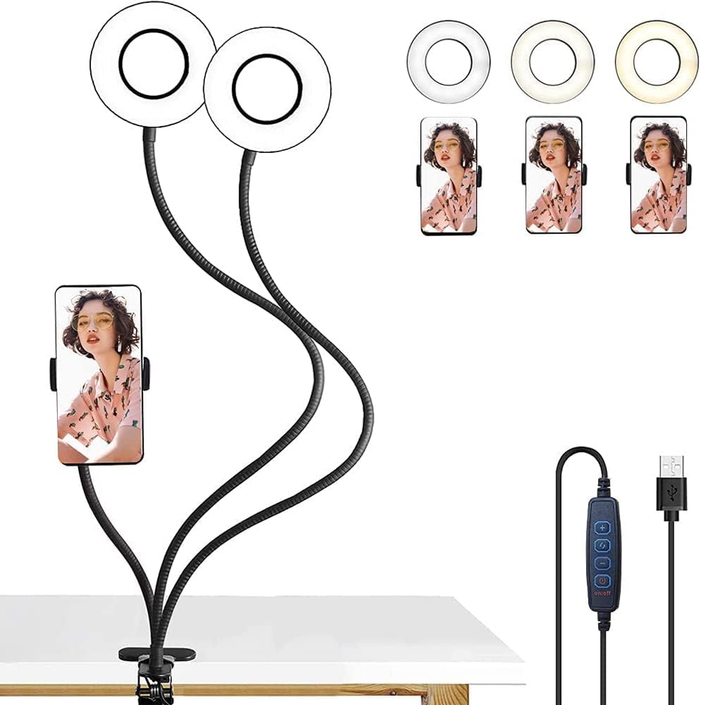 Selfie Ringlicht, LED Fülllicht Dual Lampenkopf mit Handy Clip 9cm 3 Farb Fernbedienungs Ringlicht k