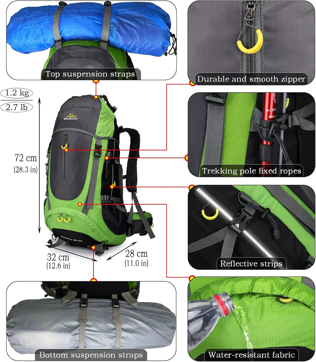 70L Trekkingrucksack Campingrucksack Reiserucksack Wanderrucksack Grosser Rucksack für Damen Herren