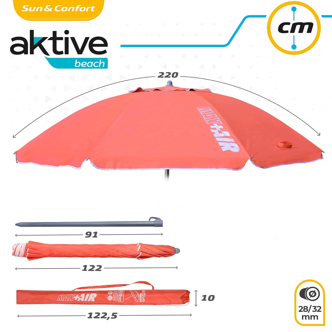 AKTIVE 62245 – Windfester Strandschirm mit UV50-Schutz Koralle | Masse Ø220 cm, höhenverstellbar | W