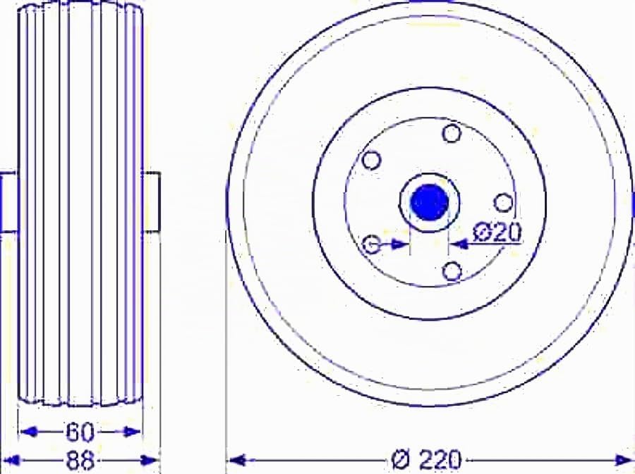 meinAnhängerersatzteil Ersatzrad Laufrad für Stützrad Bugrad 220x60mm 20mm Aufnahme für Pkw Anhänger