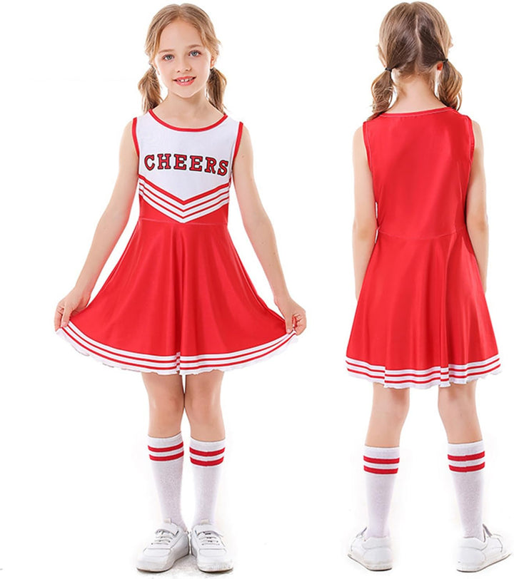LOLANTA Cheerleader Kostüm Kinder, Cheerleadering Outfit Mädchen mit Pompons 6-7 Jahre Rot, 6-7 Jahr