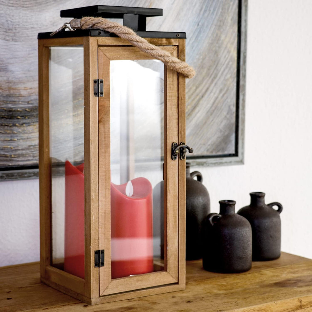Dekovita 42cm Holz-Laterne - Gartenlaterne mit Glas-Scheiben und Kordel-Henkel - Windlicht Deko-Late