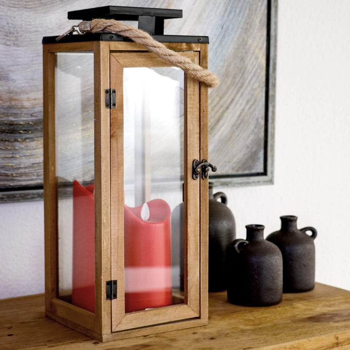 Dekovita 42cm Holz-Laterne - Gartenlaterne mit Glas-Scheiben und Kordel-Henkel - Windlicht Deko-Late