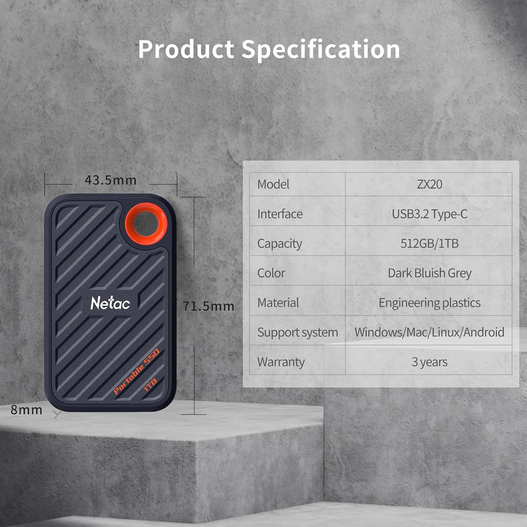 Netac ZX20 Extreme SSD 1TB Portable NVMe SSD USB 3.2 Gen 2x2 Bis zu 2000MB/s Lesen und 1700MB/s Schr