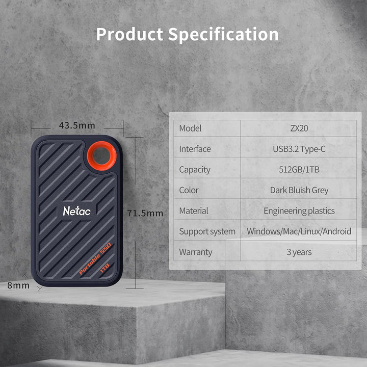 Netac ZX20 Extreme SSD 1TB Portable NVMe SSD USB 3.2 Gen 2x2 Bis zu 2000MB/s Lesen und 1700MB/s Schr