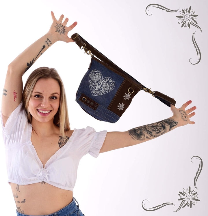 Domelo Trachtentasche. Kleine Oktoberfest Umhängetasche. Crossbody Bag mit Herz & Trachten Motiv. Da