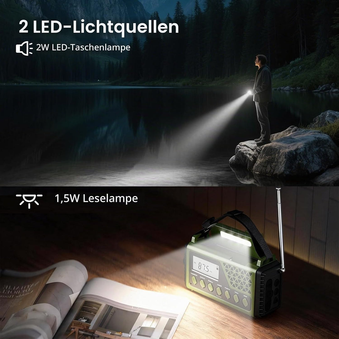 Solar Kurbelradio mit Bluetooth, AM/FM/SW Notfallradio mit 10000mAh USB Powerbank, Radio Batteriebet
