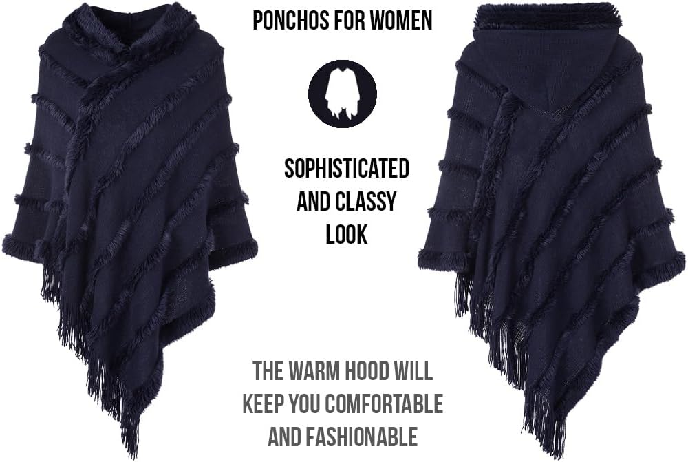 Ferand Poncho Damen mit Kapuze, Warmer Winterponcho, Gestreifte Cape Umhang mit Fransen Elegant Navy