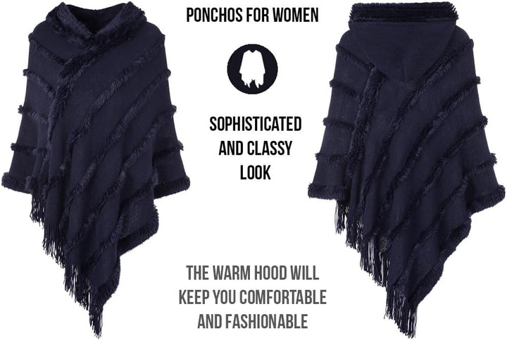 Ferand Poncho Damen mit Kapuze, Warmer Winterponcho, Gestreifte Cape Umhang mit Fransen Elegant Navy