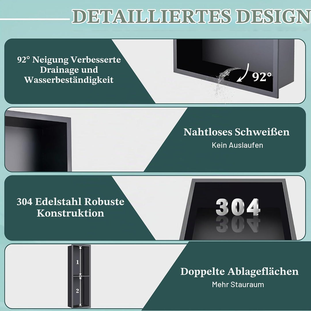 FTL Wandnische Dusche Edelstahl 20x60x10 cm,Schwarz Duschnische für Badezimmer,Keine Fliesen Erforde