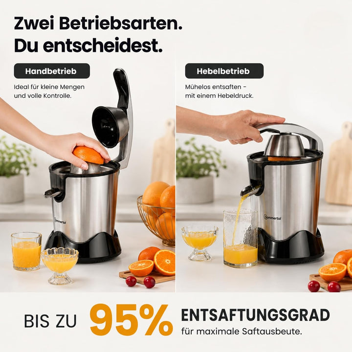 Sommertal Saftpresse CP850 mit starkem 850W Motor, elektrische Orangenpresse inkl. 2 Presskegel, man
