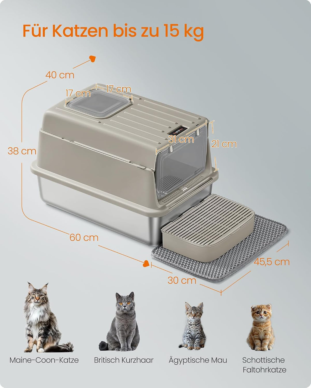 Feandrea Katzenklo Edelstahl, Katzentoilette mit Deckel, mit Schaufel, Katzenstreumatte und 2 Eingän