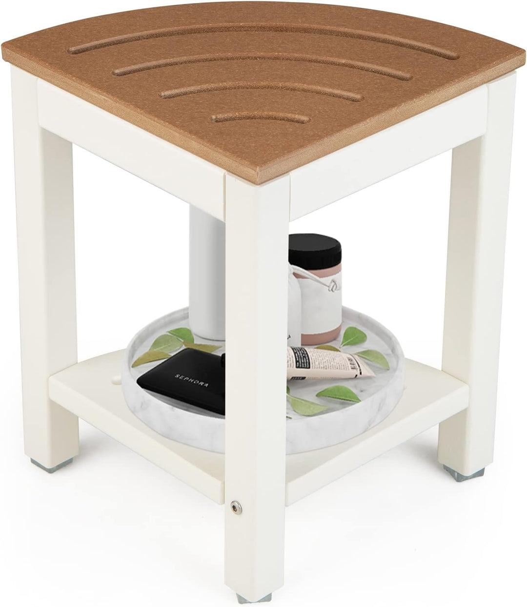 LIFEZEAL Eck Badhocker Duschhocher, Sitzhocker mit Ablage, Badezimmerhocker in Fächerform, Eckduschh