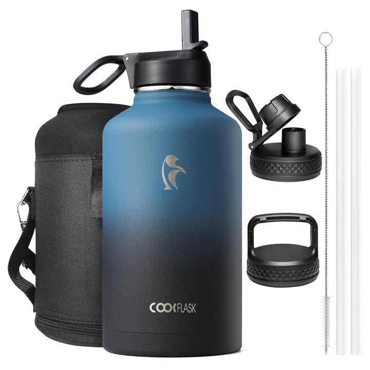 Coolflask Isolierte Wasserflasche 2L, Wasserflasche mit Strohhalm & 3 Deckeln, Isolierte Trinkflasch