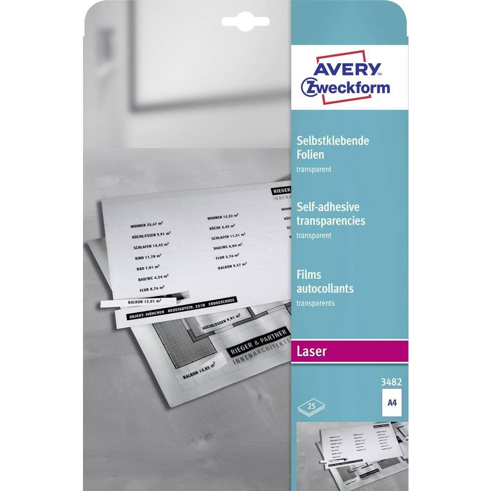 AVERY Zweckform 3482 Transparente Folien für Laserdrucker und Kopierer (25 selbstklebende Folien, A4