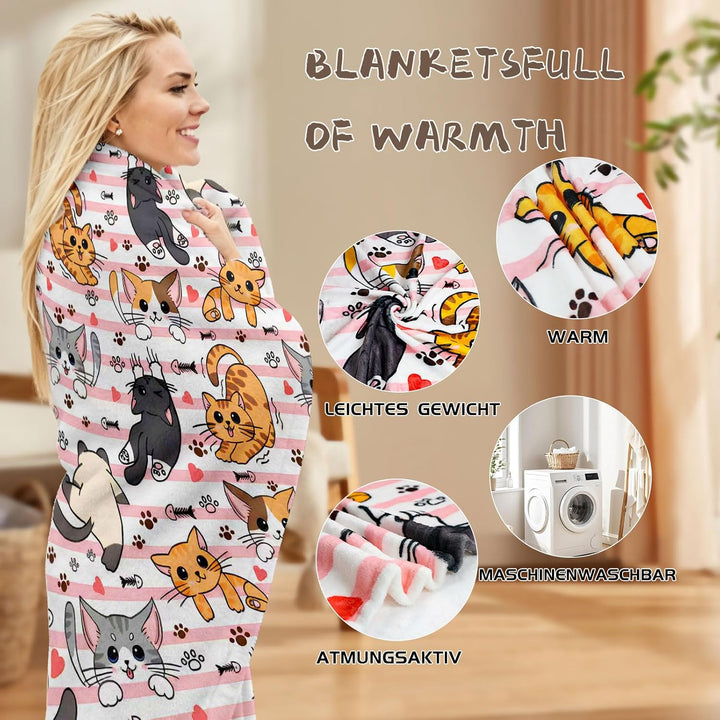 kuscheldecke Katze,Cartoon Kätzchen kuscheldecke Fleece Decke mit 3D Tierdruck, Weiche Warm Fleecede