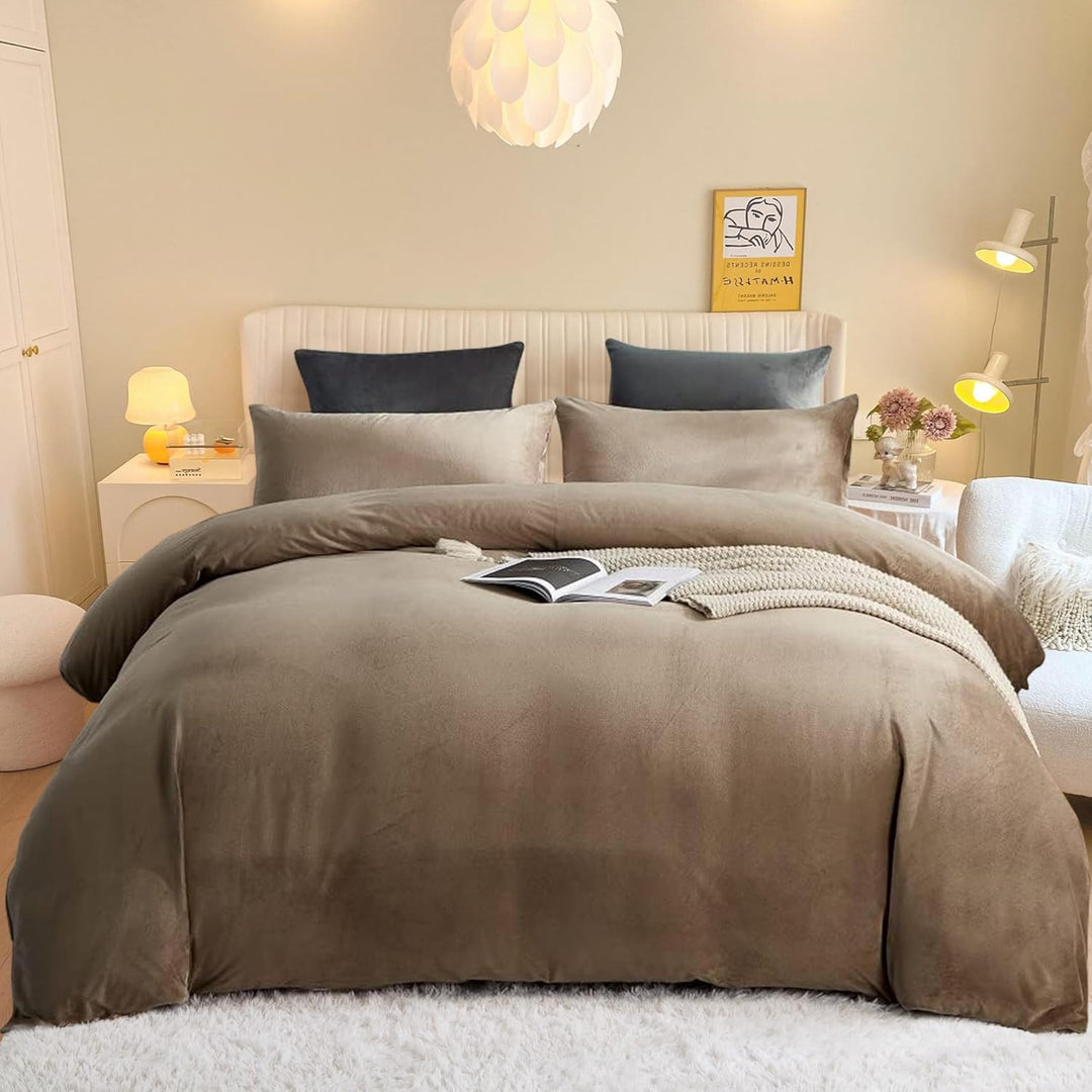 Freyamy Plüsch Bettwäsche 200x200cm 3Teilig Braun Flanell Flauschige Winterbettwäsche Samt Biber Cas