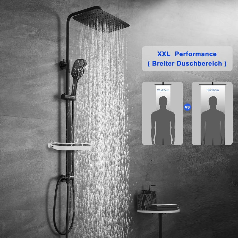 JOHO XXL Regendusche Duschsystem aus 304 Edelstahl mit Ablage, Schwarz Duschset ohne Duscharmatur mi