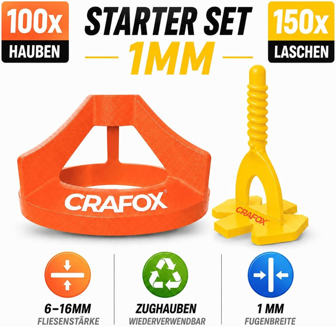 CRAFOX® Fliesen Nivelliersystem 1mm SET | 250 tlg | Fliesenleger Set 100x Gewindelaschen & 100x Zugh