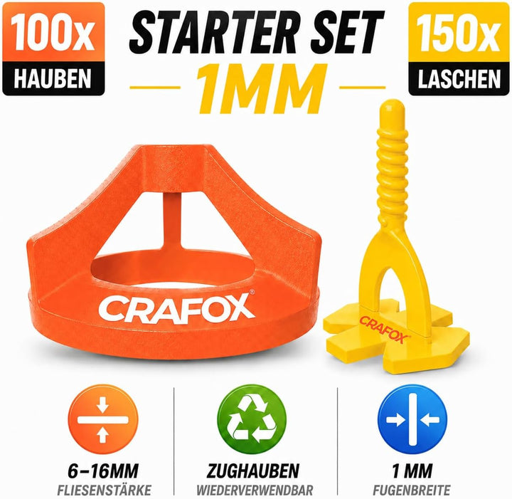 CRAFOX® Fliesen Nivelliersystem 1mm SET | 250 tlg | Fliesenleger Set 100x Gewindelaschen & 100x Zugh