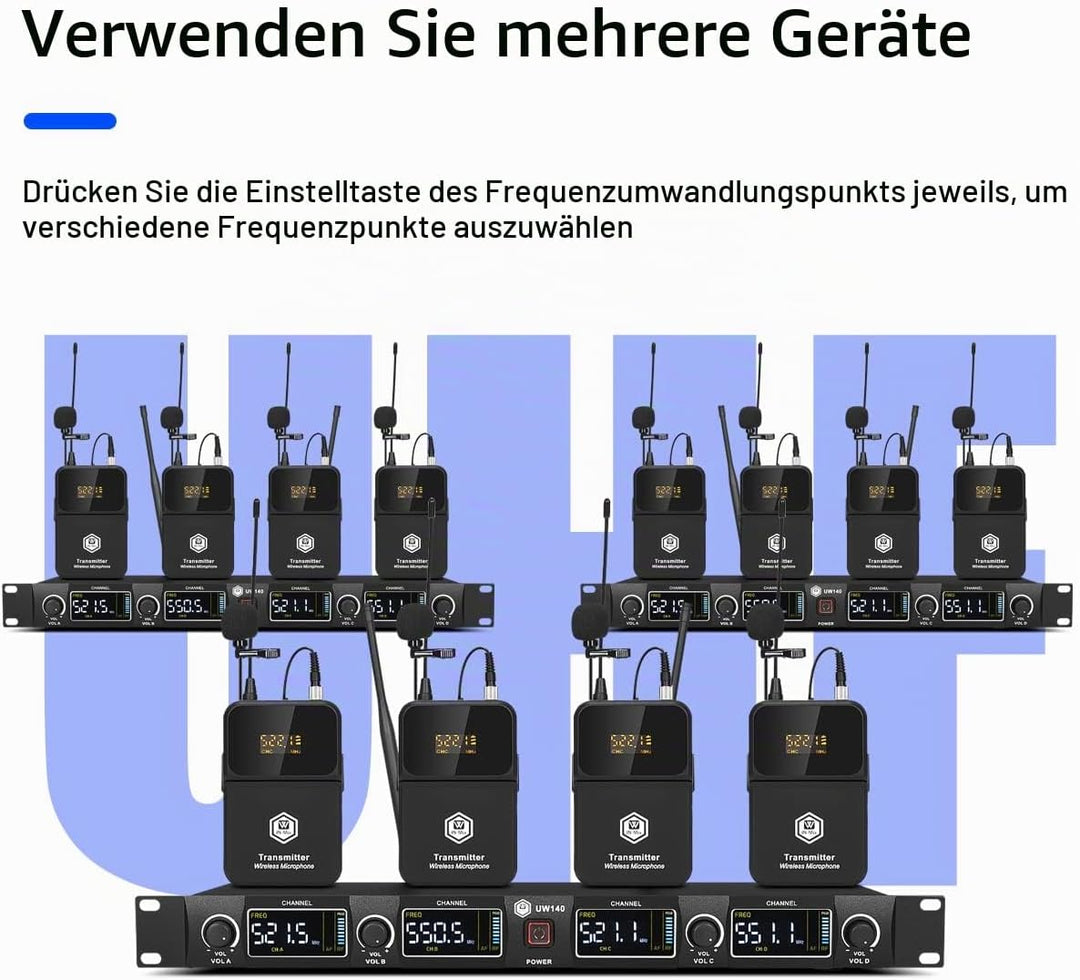 W IN-MIX Professionelles UHF-Funkmikrofonsystem, 4 Kanäle, 80 Meter Reichweite, mit Lavalier- und He