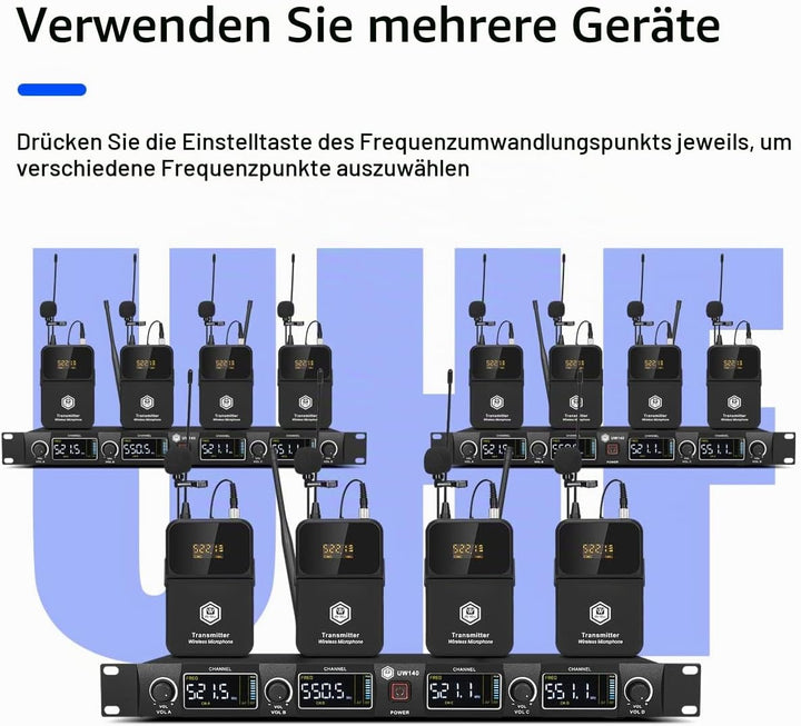 W IN-MIX Professionelles UHF-Funkmikrofonsystem, 4 Kanäle, 80 Meter Reichweite, mit Lavalier- und He