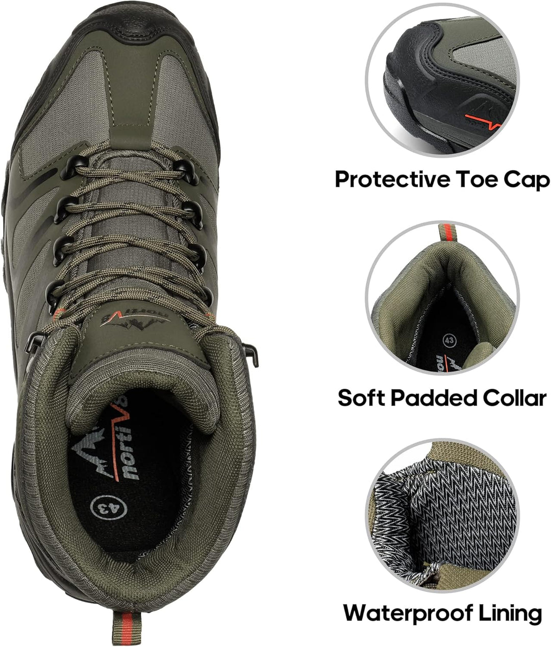 NORTIV 8 Herren-Wanderstiefel, wasserdichte Outdoor-Trekkingstiefel 42 EU Weit Armee Grün, 42 EU Wei