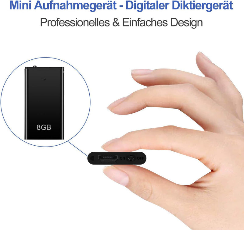 Mini Diktiergerät, TDW Mini Aufnahmegerät 8GB mit Mikrofon Digital Diktiergerät Klein USB Voice Reco