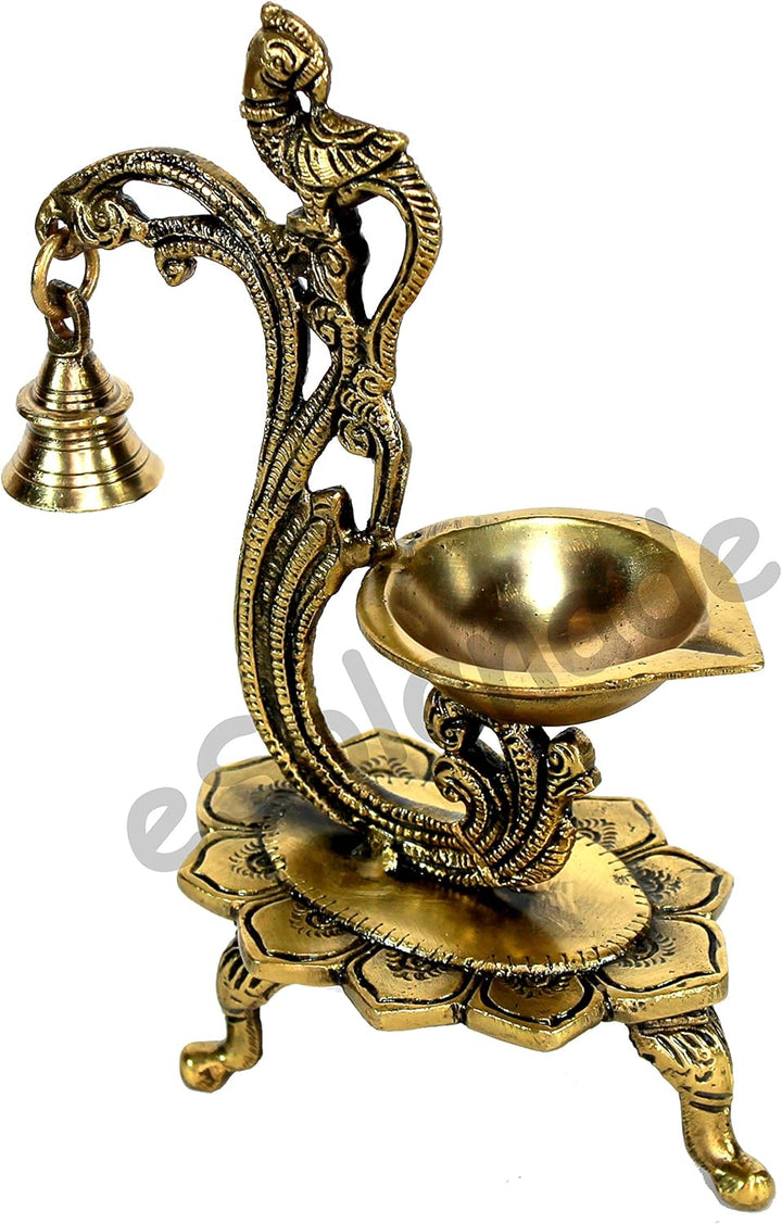 eSplanade Lotos runde Messingdiya-Öllampe für Haus und Büro Peacock Diya mit Bell Golden Peacock Diy