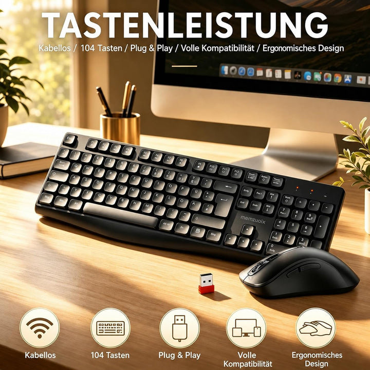 QWERTZ Kabelloses Tastatur Maus Set, Full Size 105-Tasten Tastatur mit Nummernblock, 2.4GHz Funk mit