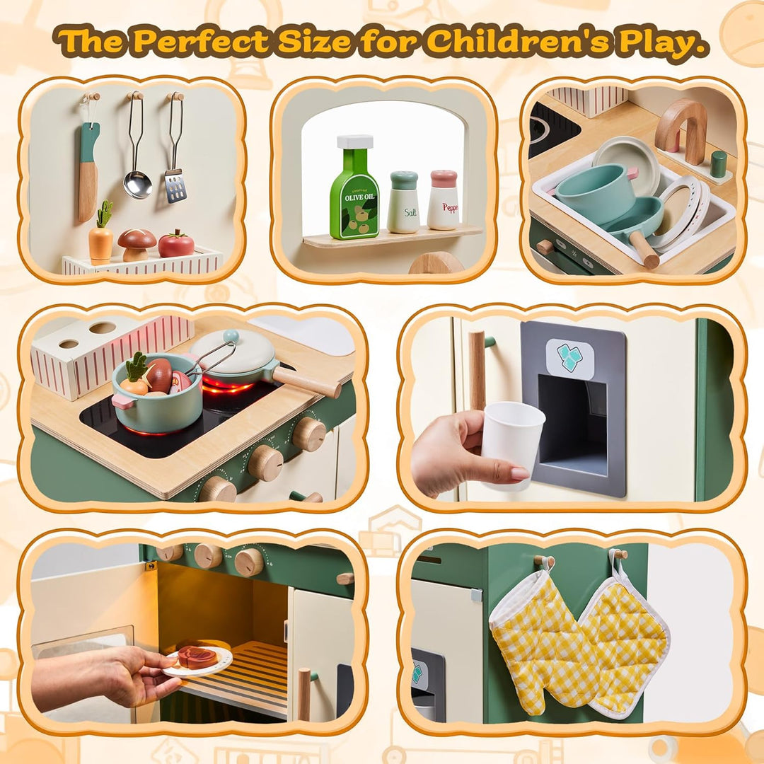TOYWOO Kinderküche Holz mit Licht & Sound, Spielküche für Kinder ab 3 Jahren mit Schneidelebensmitte