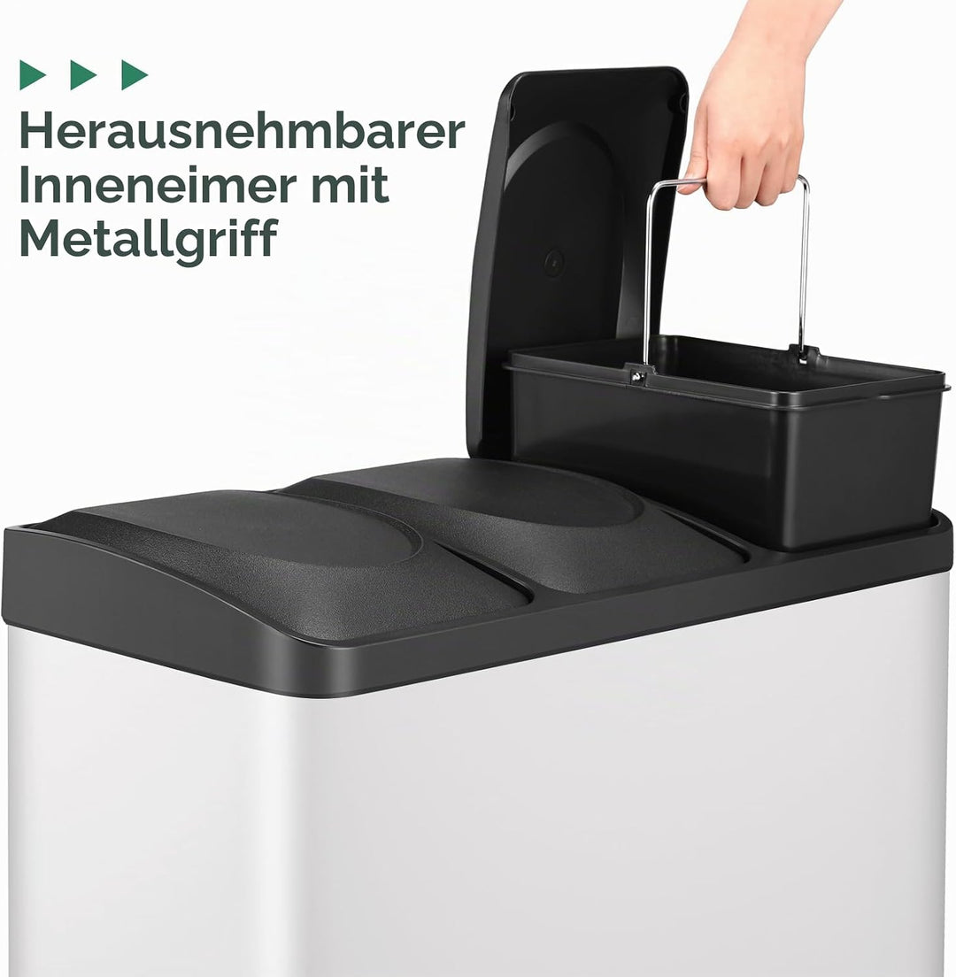 LIFERUN Mülleimer 3 Fächer, 3X 15L Mülltrennsystem, 45 Liter Abfalleimer Küche, Gross Edelstahl Tret