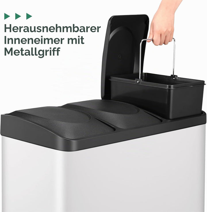 LIFERUN Mülleimer 3 Fächer, 3X 15L Mülltrennsystem, 45 Liter Abfalleimer Küche, Gross Edelstahl Tret