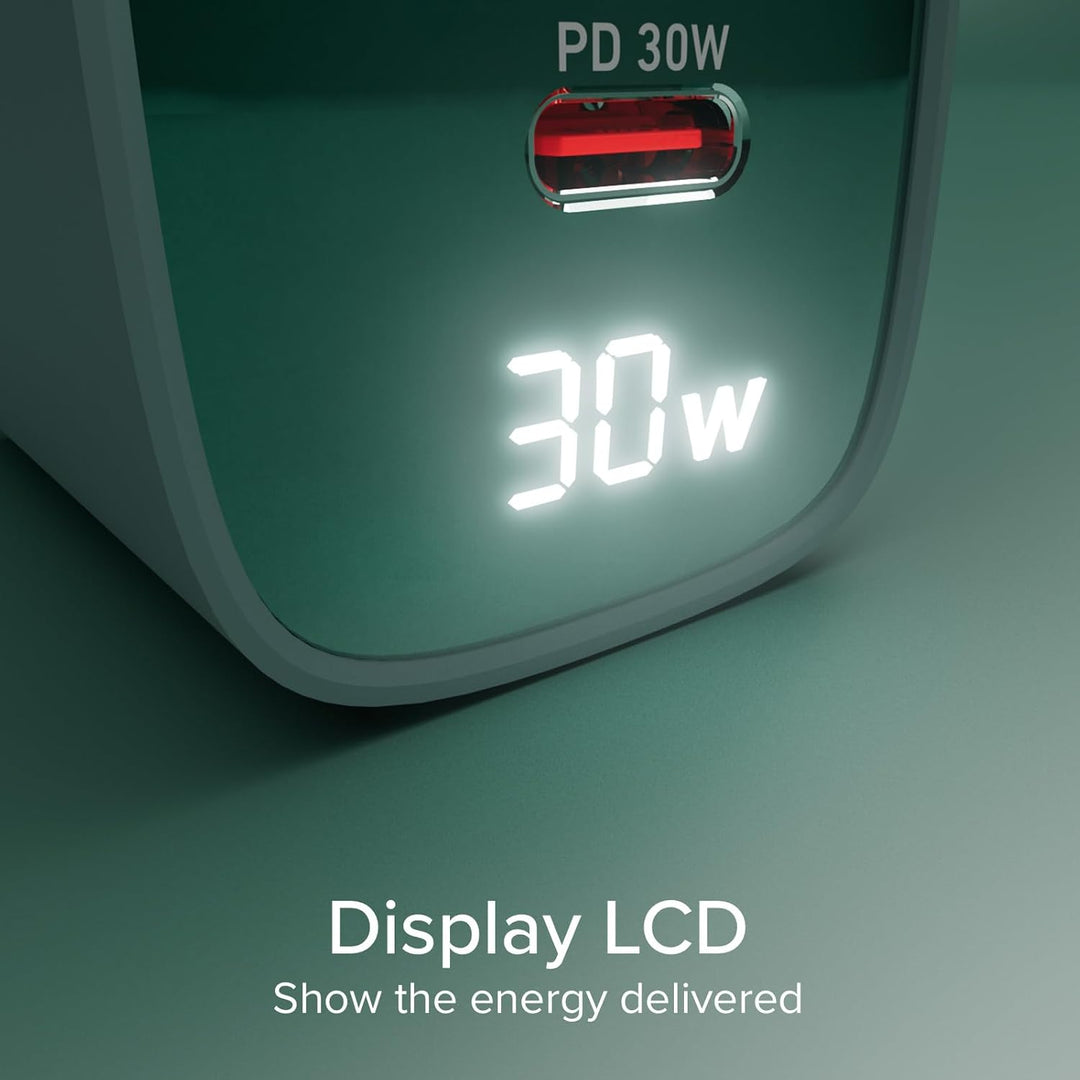 SBS Mehrport-Ladegerät 30W mit LCD, 1 USB-C-Anschluss und 1 USB-A-Anschluss, EU-Stecker, Power Deliv