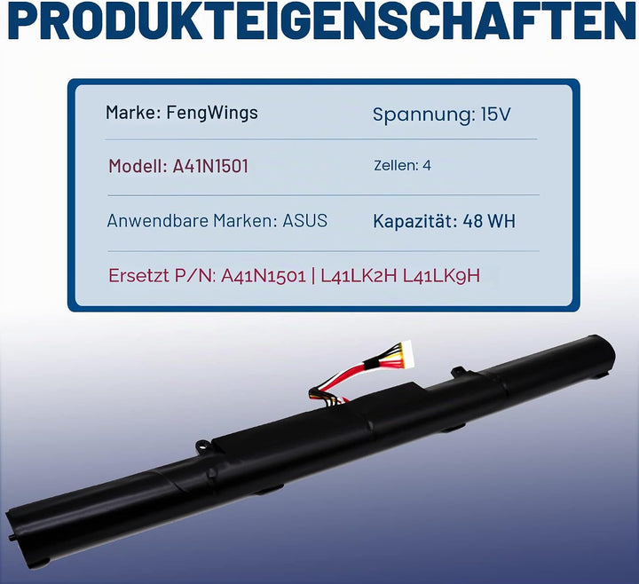 FengWings® A41N1501 L41LK2H L41LK9H, 15V 48Wh Akku für Ersatzen für ASUS N752 N752V N752VW N752VX N5