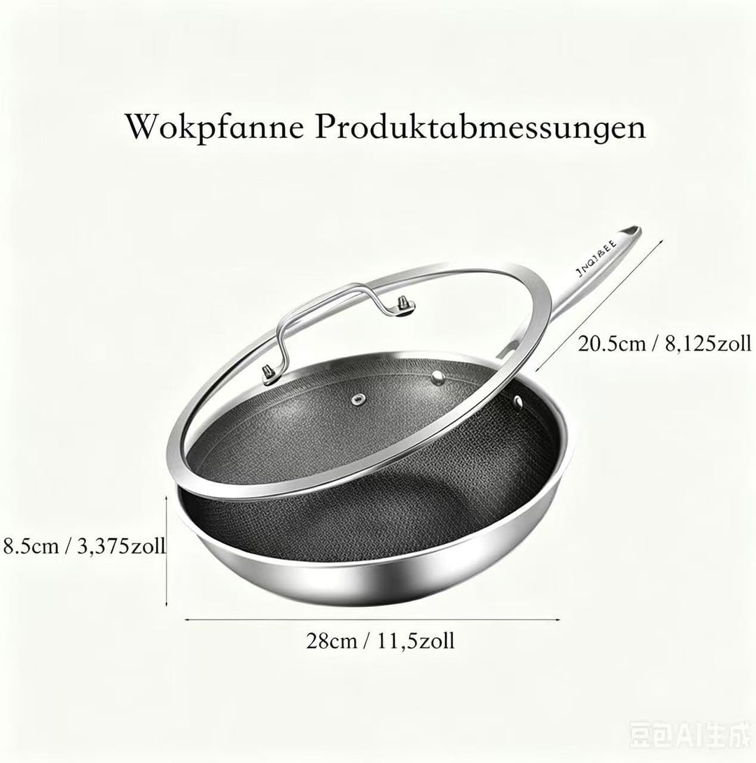 Inqibee Hybrid Edelstahl-Wokpfanne 28 cm mit Deckel | mit Antihaft-Wabenstruktur, für Induktion, all