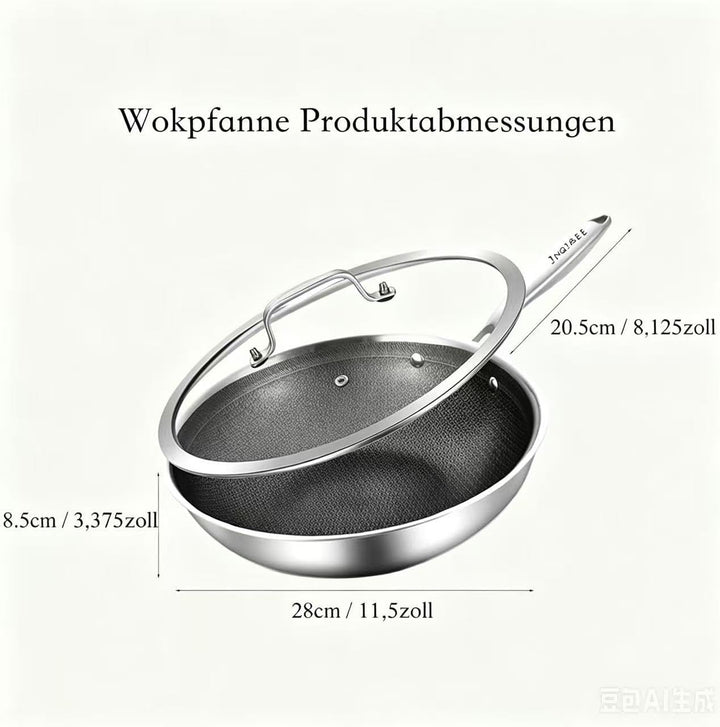 Inqibee Hybrid Edelstahl-Wokpfanne 28 cm mit Deckel | mit Antihaft-Wabenstruktur, für Induktion, all