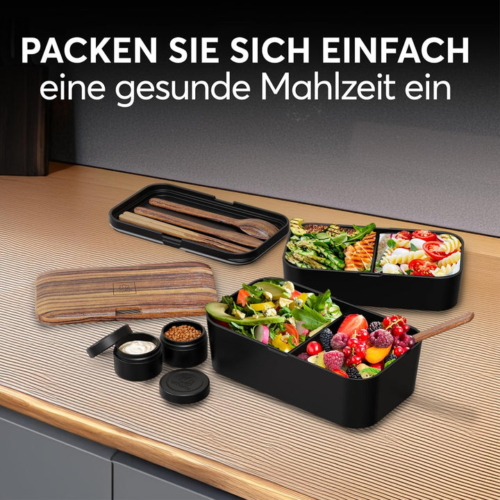 Umami Premium Lunchbox Erwachsene, Verschachtelbar Auslaufsichere Bento Box mit 4 Bestecke & Fächern