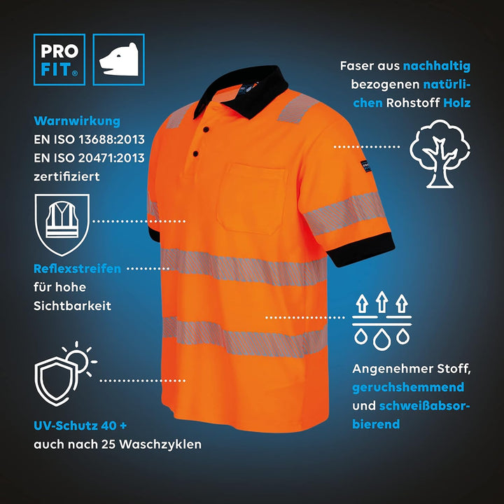 PRO FIT Warnschutz Poloshirt - EN ISO 20471 - UV-Schutz 40+ - Atmungsaktiv - Nachhaltiger Lyocellmix