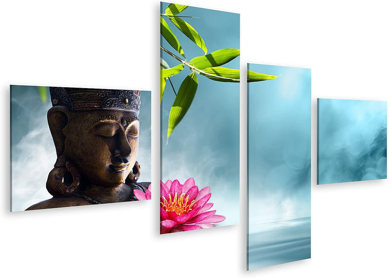 Bild auf Leinwand Buddha Meditationsteich Wandbild Poster Kunstdruck Bilder Format: 150x80cm - 4 Tei