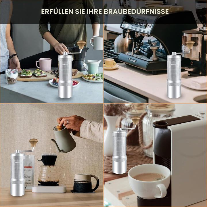 M7 Manuelle Kaffeemühle, scharfer Heptagona-Fräser, Walnuss-Griff, 48 Einstellungen, dreilagiger Kaf