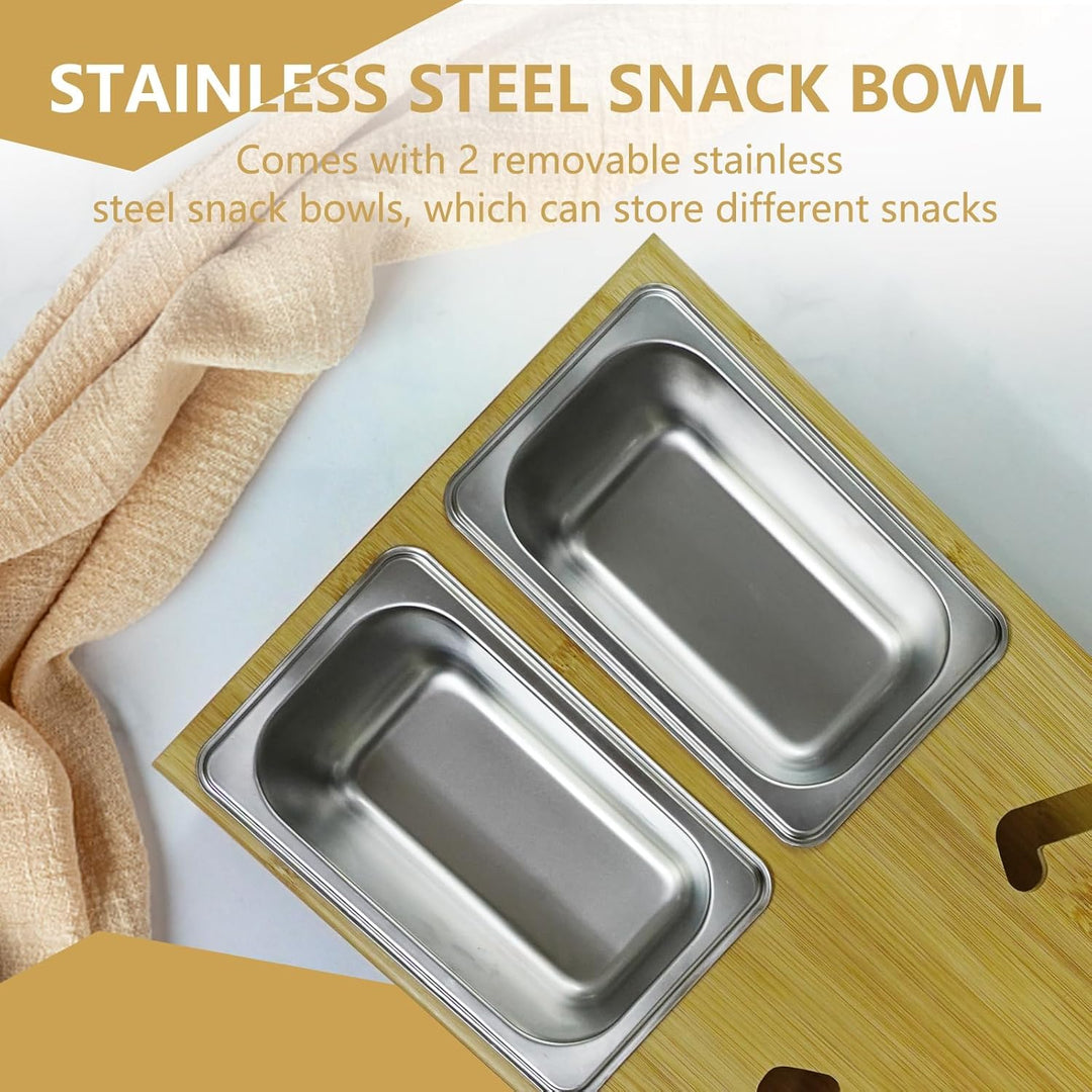 Couch Bar Holz, Couchbar Snackbox Weinglashalter, Rechteckig, Couch Butler mit Edelstahl-Snackschale