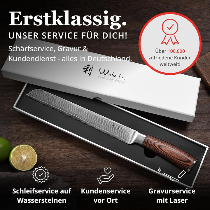 Wakoli EDIB Brotmesser Wellenschliff aus echtem Damaststahl (VG10 Kern) mit 23cm Klinge – Scharf & e