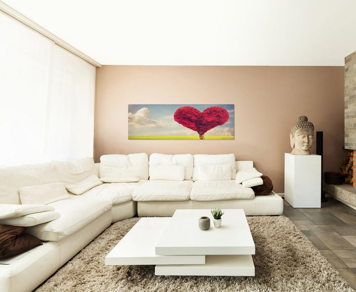 Paul Sinus Art Panoramabild auf Leinwand und Keilrahmen 150x50cm Wiese Baum Herz Wolken Frühling