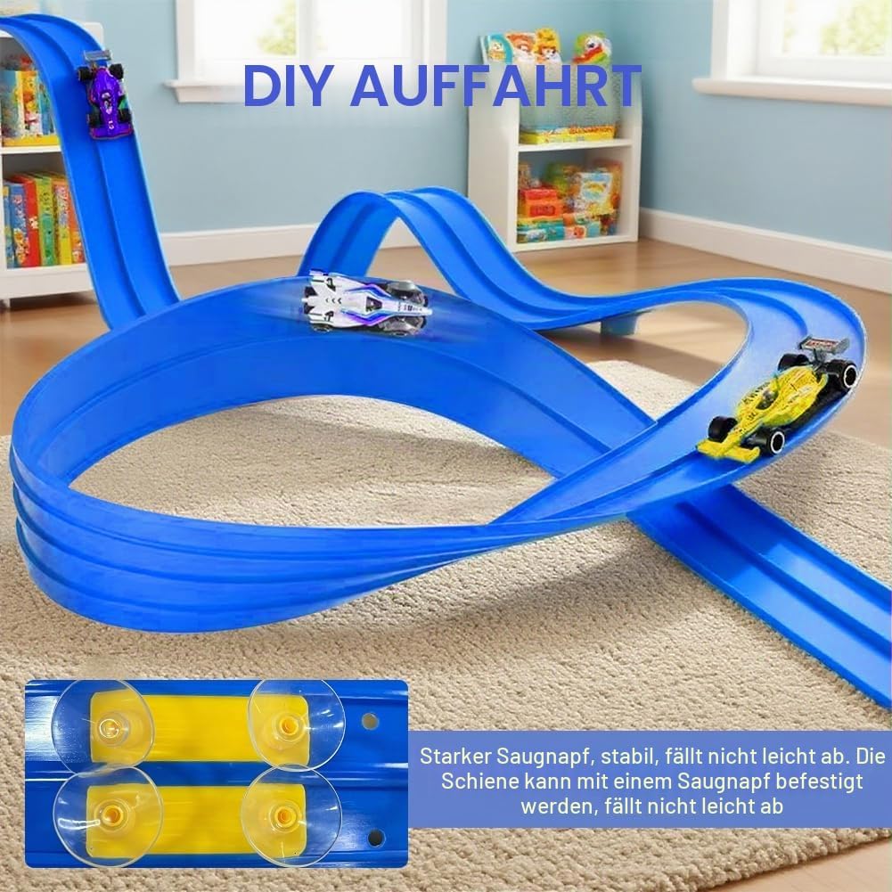 Tragbare Rennbahn für Kinder 5 Meter Flexible Dual-Rennstrecke mit 4 Leichtmetall-Autos, Rampen &amp; Au
