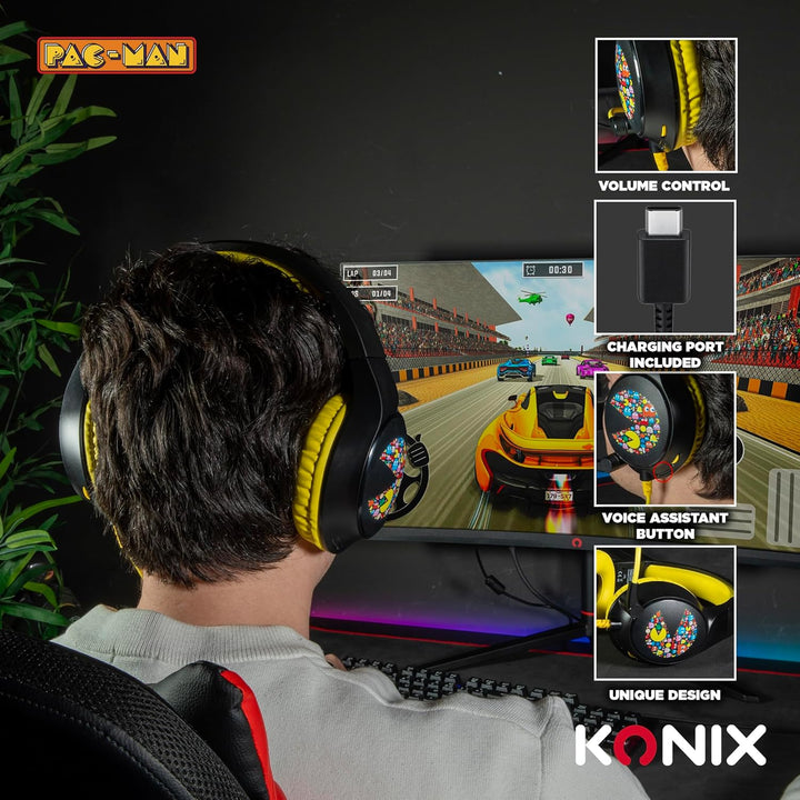 Konix Pac-Man Kabelgebundenes Over-Ear-Gaming-Headset für PC, PS5, Switch 2, Xbox Series X|S - 45°-M