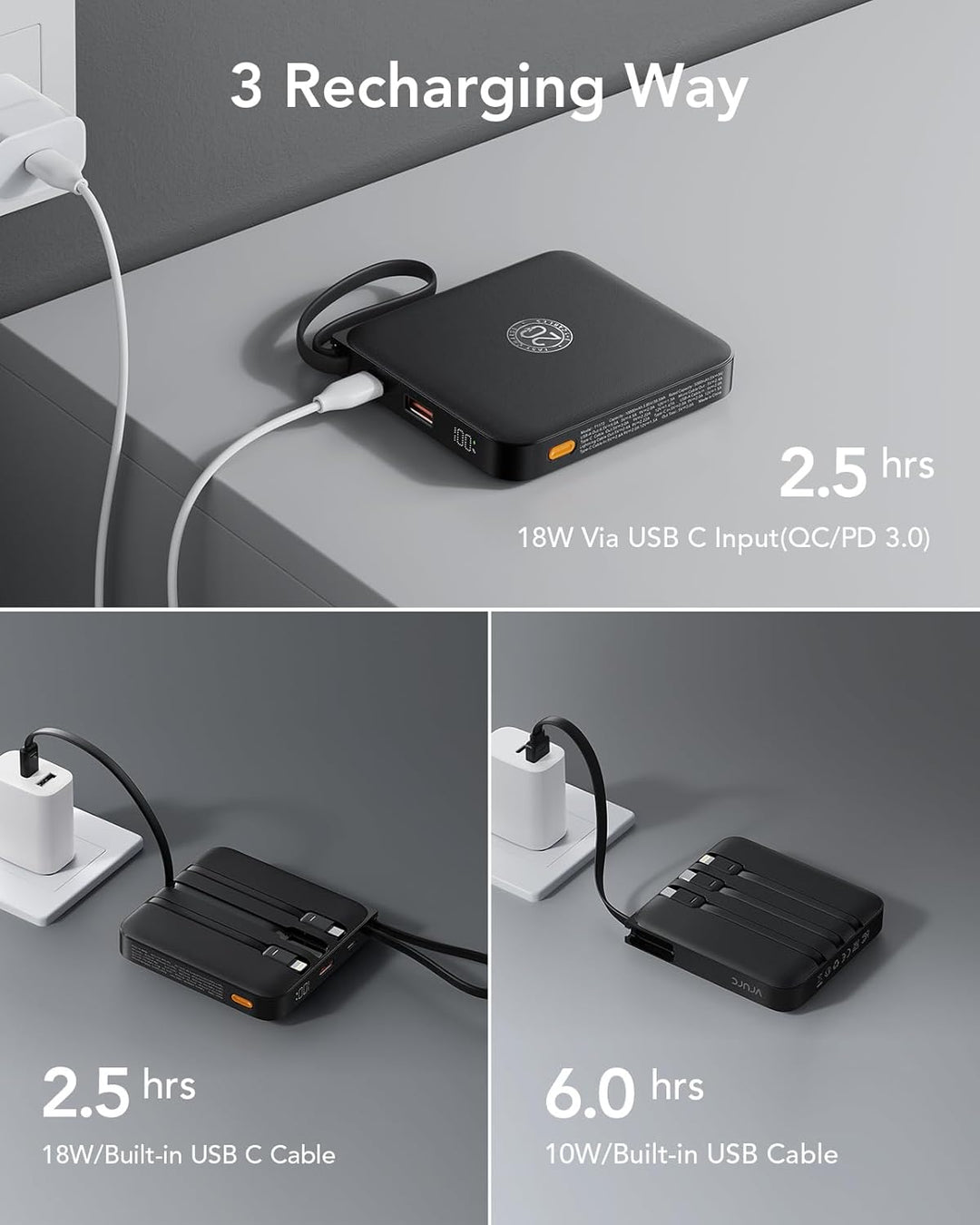VRURC Powerbank 20000mAh Power Bank mit Kabel Klein USB C 22.5W QC3.0 Schnelles Aufladen Tragbares L