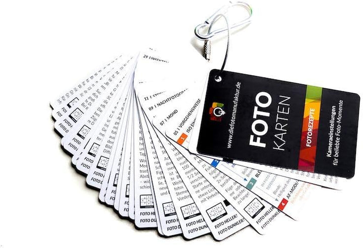 Fotokarten Fotorezepte | 20 Fotografie-Spickzettel mit Kameraeinstellungen & Tipps | CheatCards für